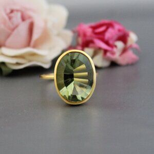 Green Amethyst Quartz Ring: Handmade Bohemian Gemstone, Open Bezel